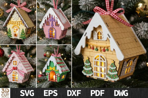 3D Christmas House Ornament Bundle for Laser Cutting and Winter Amp