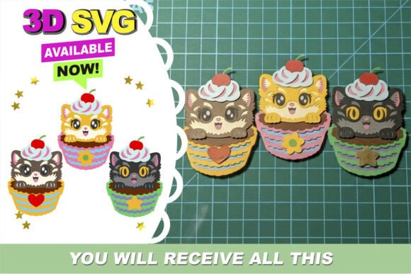 3D Cupcake Cats Kawaii SVG