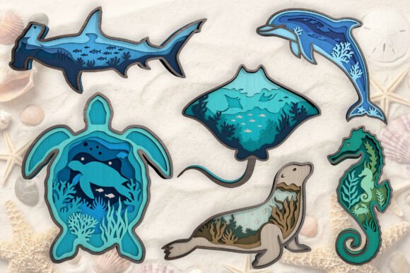 3D Layered Ocean Animals Laser Cut Bundl