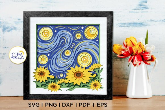 3D Starry Nigh Sunflower Shadow Box SVG